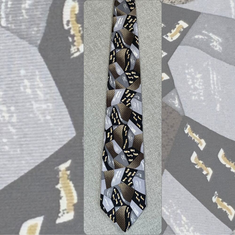 Vintage Barrington Silk Tie Black Silver Gold Abstract Geometric Necktie